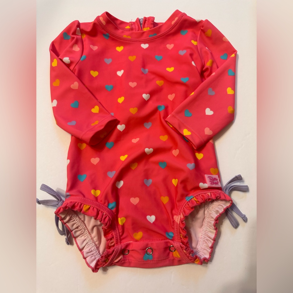 12-18M Ruffle Butts Coral Pink Heart Print Rash Guard